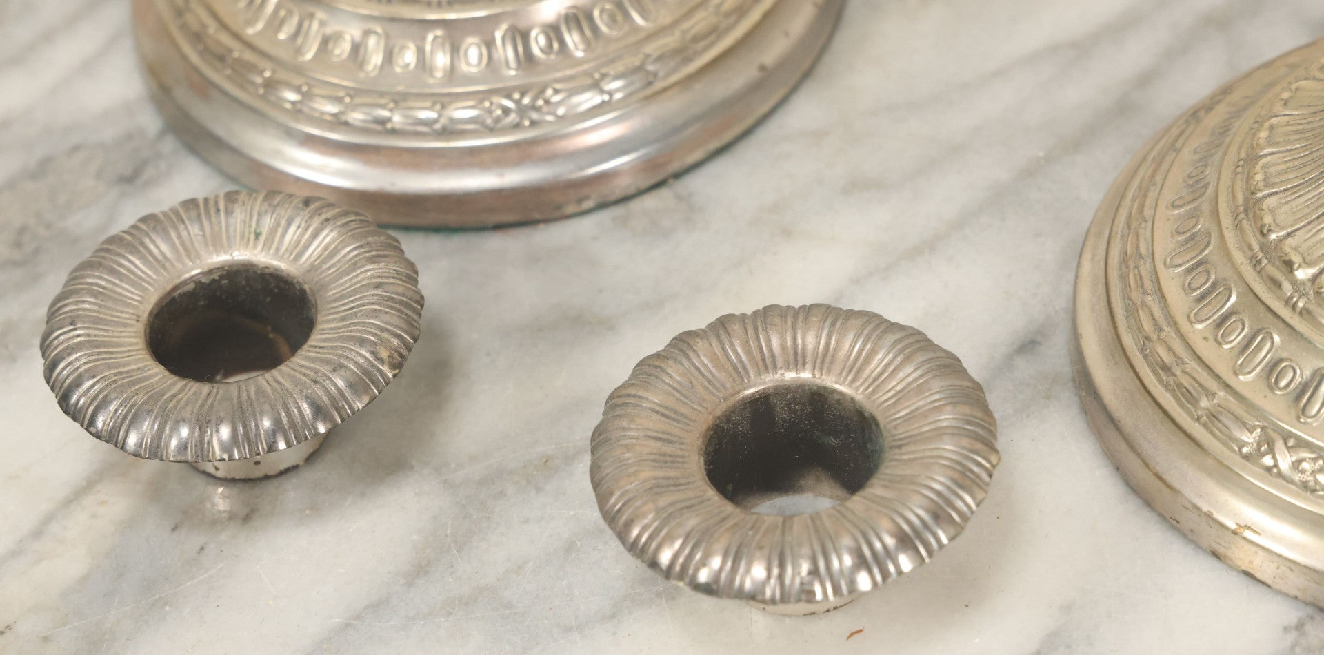 Lot 027 - Pair Of Vintage Raimond Silverplate Candlesticks, Ornate Baroque Style, Goat Head Motif, Made In Japan