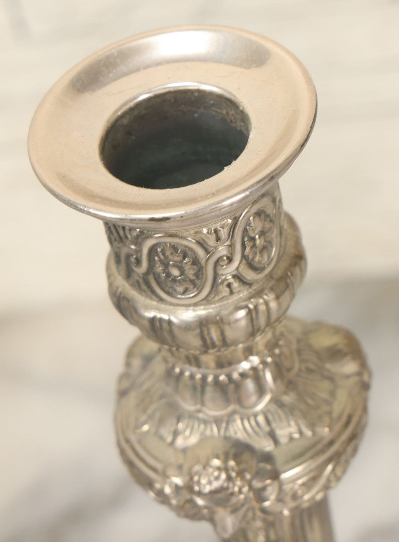 Lot 027 - Pair Of Vintage Raimond Silverplate Candlesticks, Ornate Baroque Style, Goat Head Motif, Made In Japan