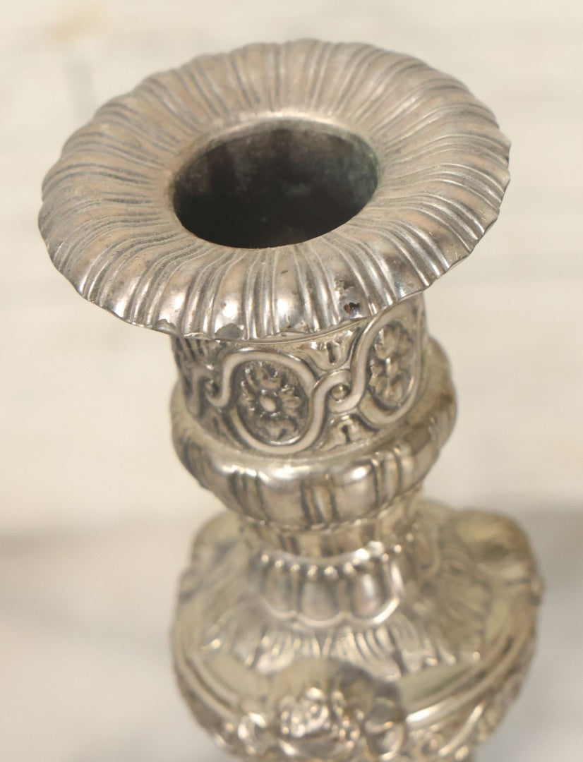 Lot 027 - Pair Of Vintage Raimond Silverplate Candlesticks, Ornate Baroque Style, Goat Head Motif, Made In Japan