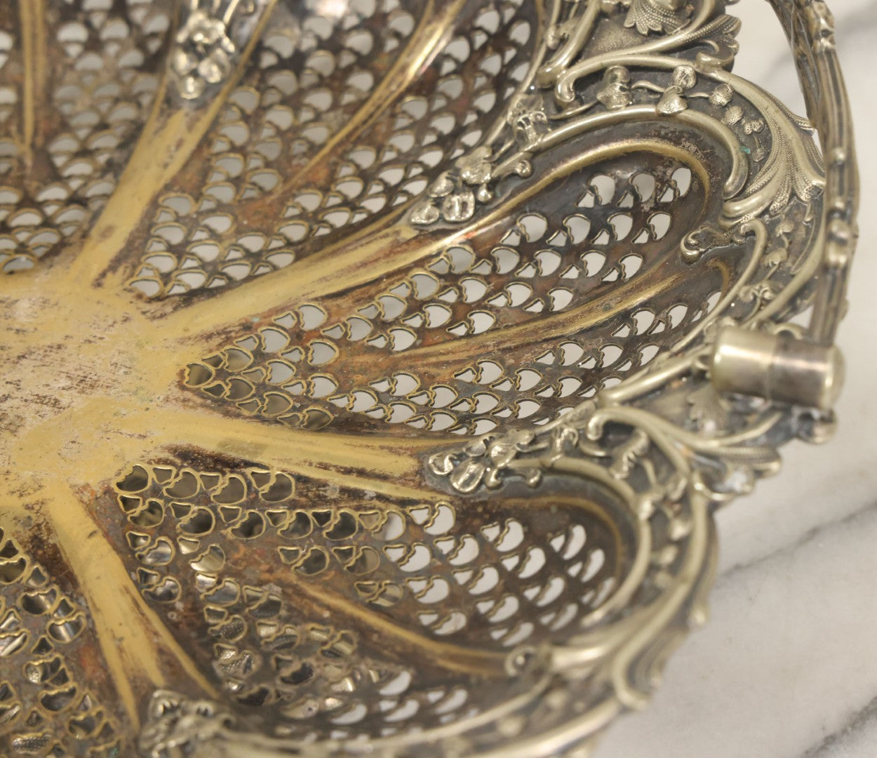 Lot 028 - Antique Silverplate Pierced Basket, Ornate Rococo Style, Footed Base With Hinged Handle, Tarnished Patina