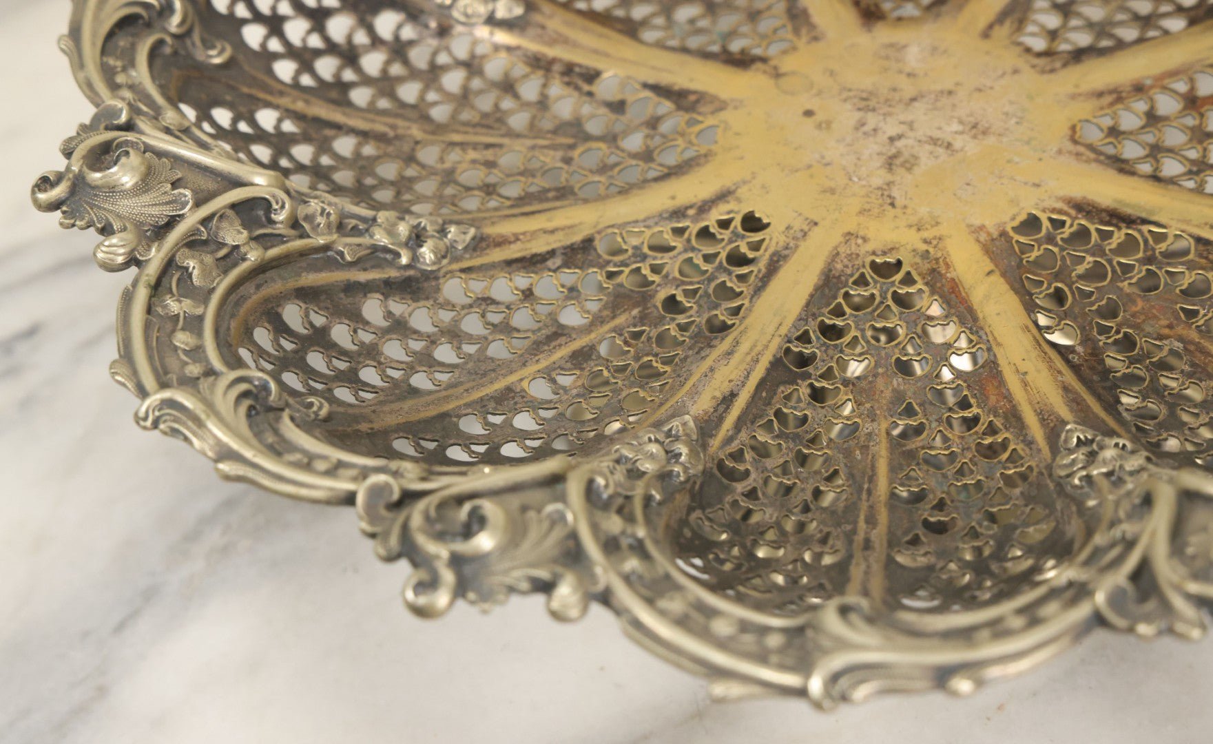 Lot 028 - Antique Silverplate Pierced Basket, Ornate Rococo Style, Footed Base With Hinged Handle, Tarnished Patina