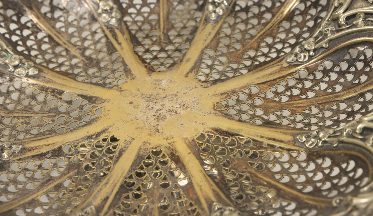 Lot 028 - Antique Silverplate Pierced Basket, Ornate Rococo Style, Footed Base With Hinged Handle, Tarnished Patina