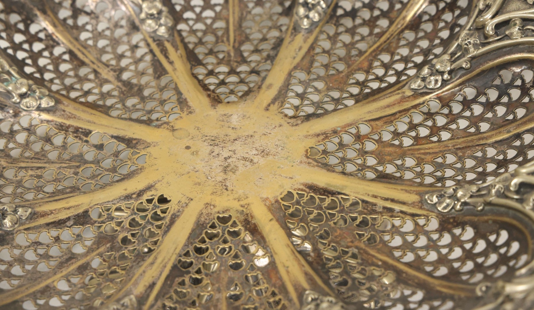 Lot 028 - Antique Silverplate Pierced Basket, Ornate Rococo Style, Footed Base With Hinged Handle, Tarnished Patina