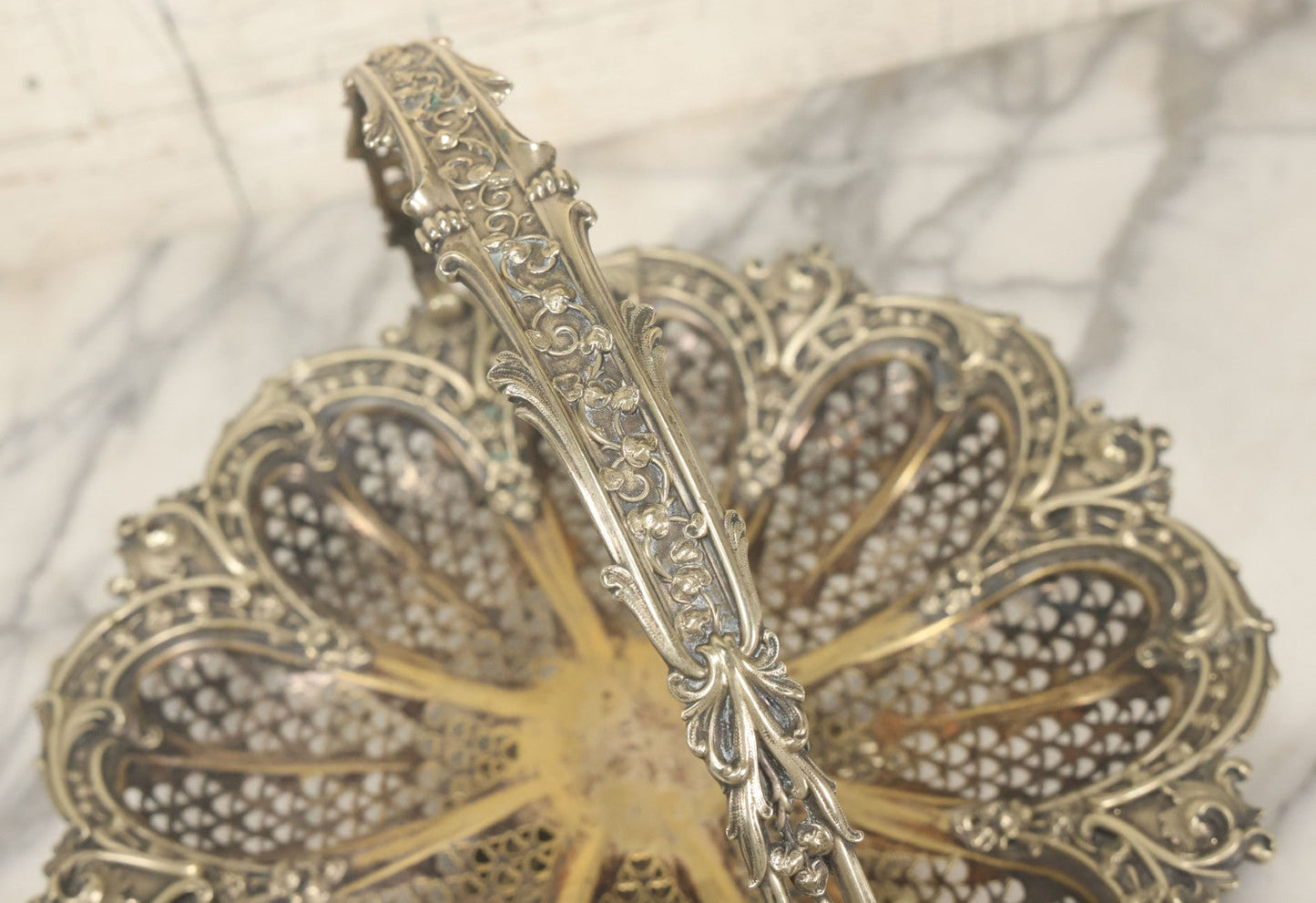 Lot 028 - Antique Silverplate Pierced Basket, Ornate Rococo Style, Footed Base With Hinged Handle, Tarnished Patina