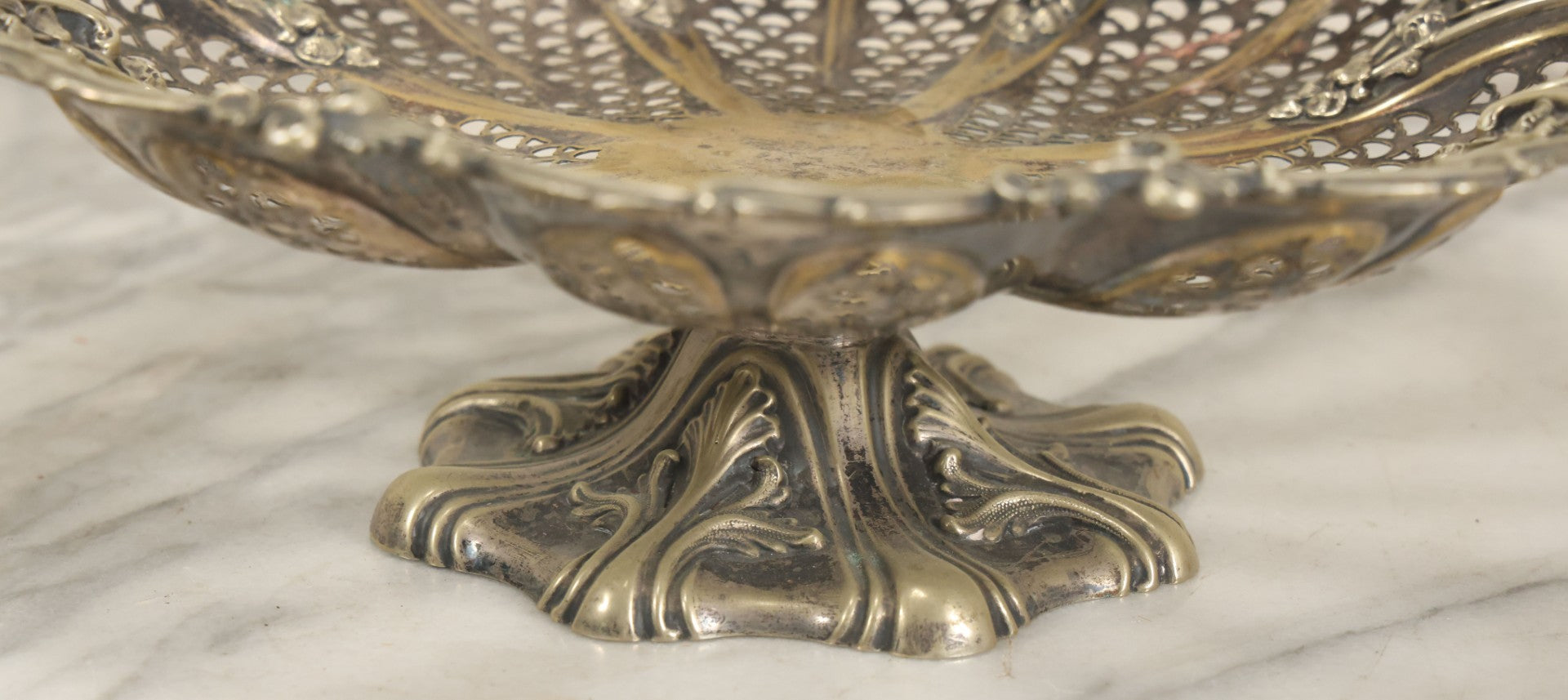 Lot 028 - Antique Silverplate Pierced Basket, Ornate Rococo Style, Footed Base With Hinged Handle, Tarnished Patina