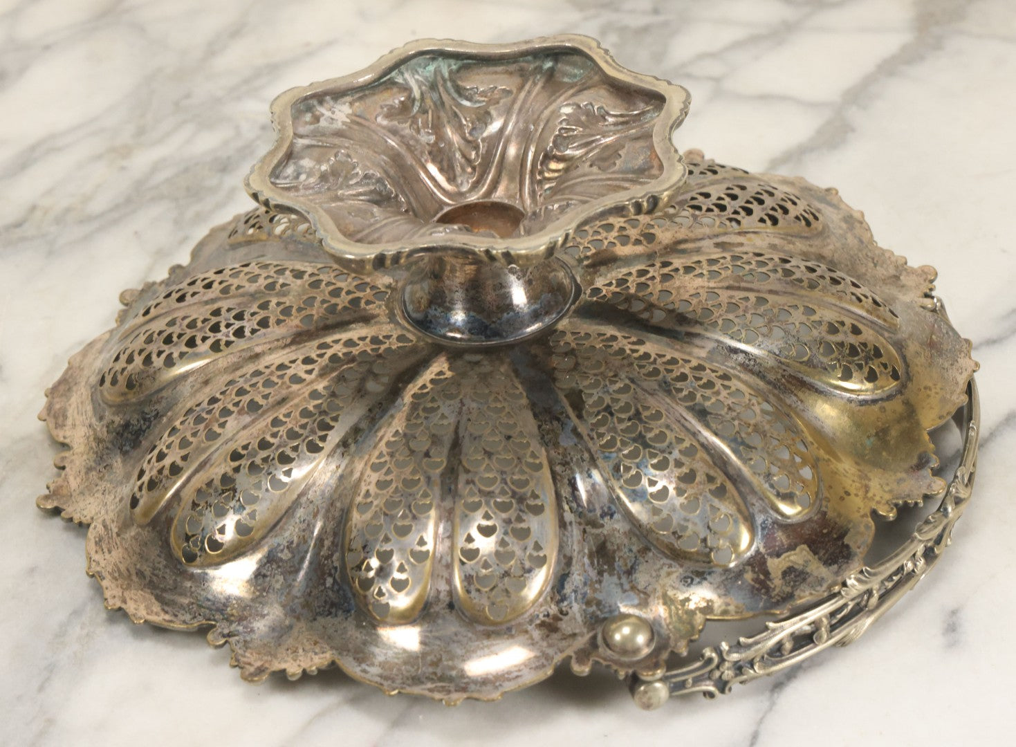 Lot 028 - Antique Silverplate Pierced Basket, Ornate Rococo Style, Footed Base With Hinged Handle, Tarnished Patina
