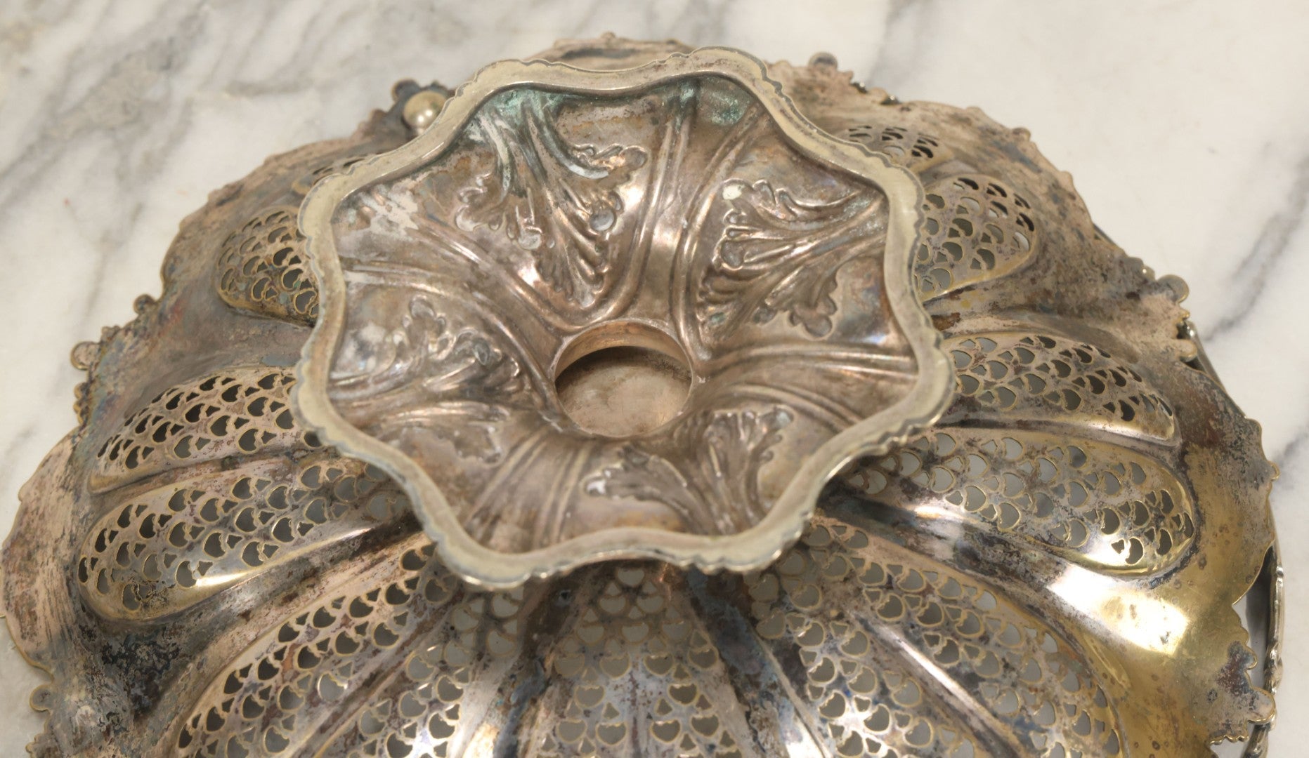 Lot 028 - Antique Silverplate Pierced Basket, Ornate Rococo Style, Footed Base With Hinged Handle, Tarnished Patina