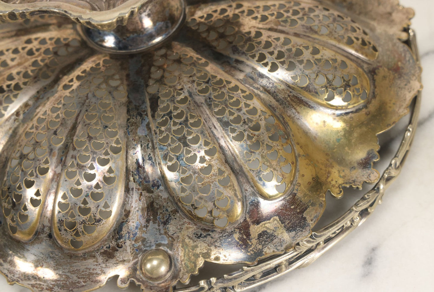 Lot 028 - Antique Silverplate Pierced Basket, Ornate Rococo Style, Footed Base With Hinged Handle, Tarnished Patina