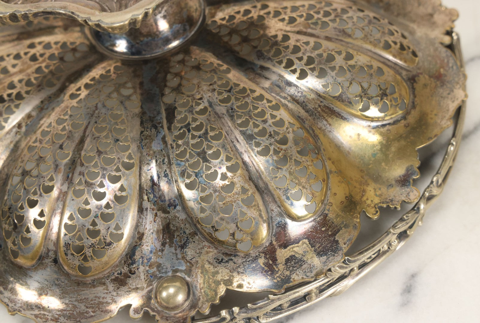 Lot 028 - Antique Silverplate Pierced Basket, Ornate Rococo Style, Footed Base With Hinged Handle, Tarnished Patina
