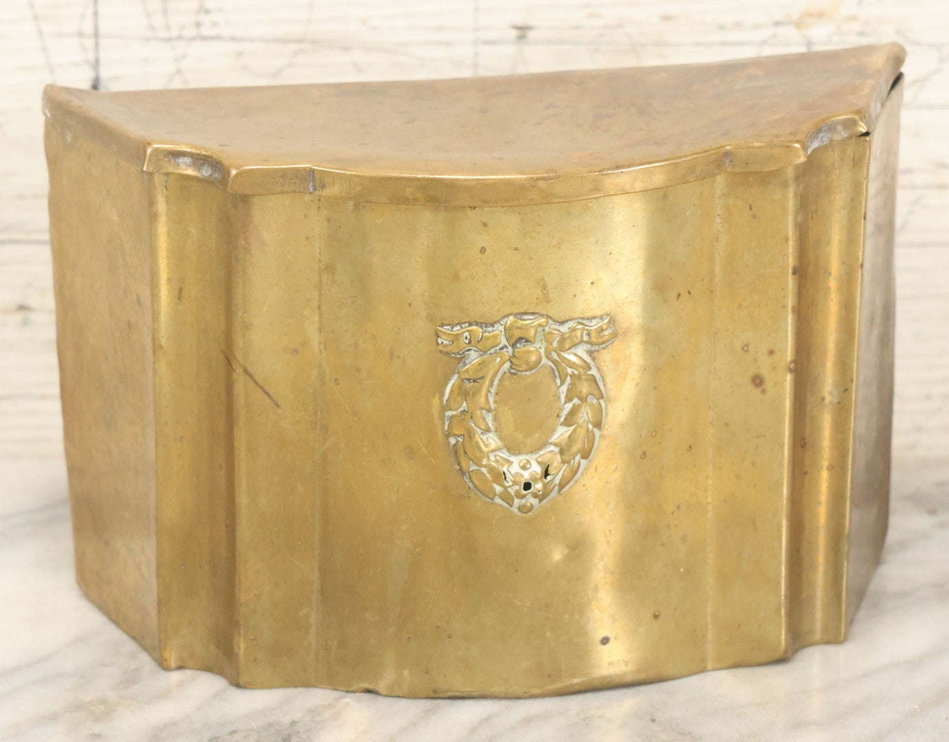 Lot 030 - Antique English Brass Mantle Box, Mid 19th Century, Wreath Motif, Decorative Storage Container