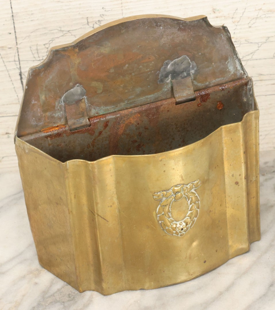 Lot 030 - Antique English Brass Mantle Box, Mid 19th Century, Wreath Motif, Decorative Storage Container