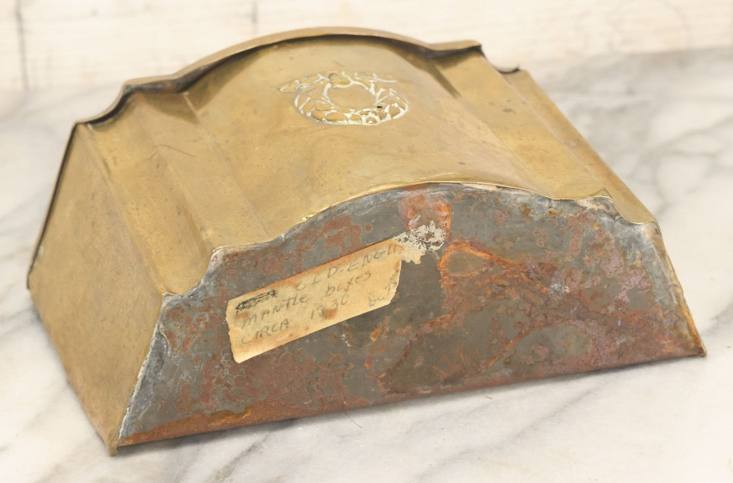 Lot 030 - Antique English Brass Mantle Box, Mid 19th Century, Wreath Motif, Decorative Storage Container