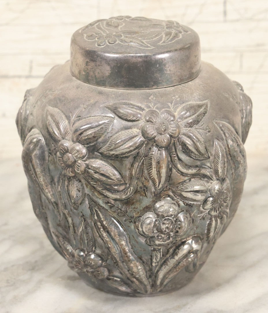 Lot 031 - Antique Wilcox Silverplate Co. Lidded Jar, Meriden Connecticut, Quadruple Plate, Floral Repoussé Design
