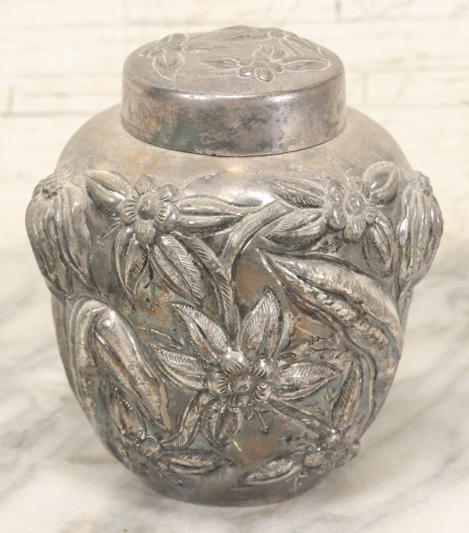Lot 031 - Antique Wilcox Silverplate Co. Lidded Jar, Meriden Connecticut, Quadruple Plate, Floral Repoussé Design