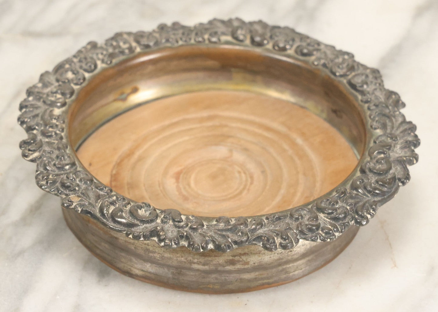 Lot 032 - Antique Silverplate Wine Coaster, Ornate Floral Rim, Wooden Turned Base, Tableware Display