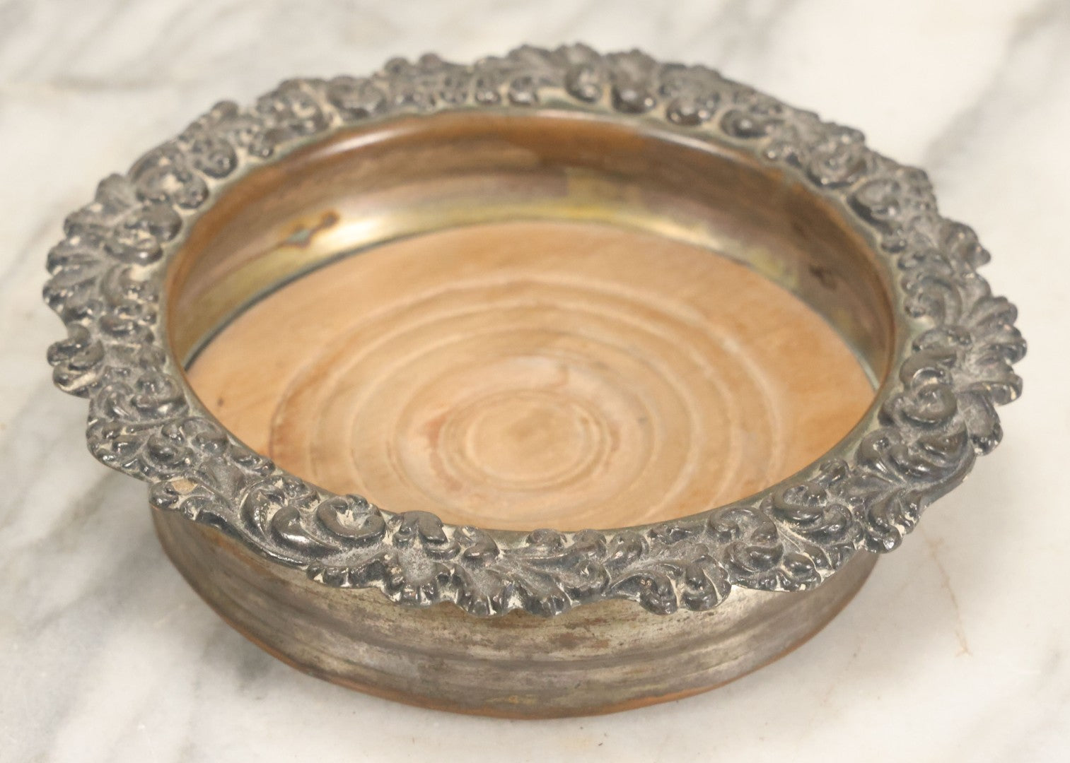 Lot 032 - Antique Silverplate Wine Coaster, Ornate Floral Rim, Wooden Turned Base, Tableware Display