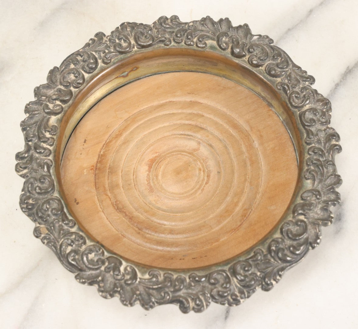 Lot 032 - Antique Silverplate Wine Coaster, Ornate Floral Rim, Wooden Turned Base, Tableware Display