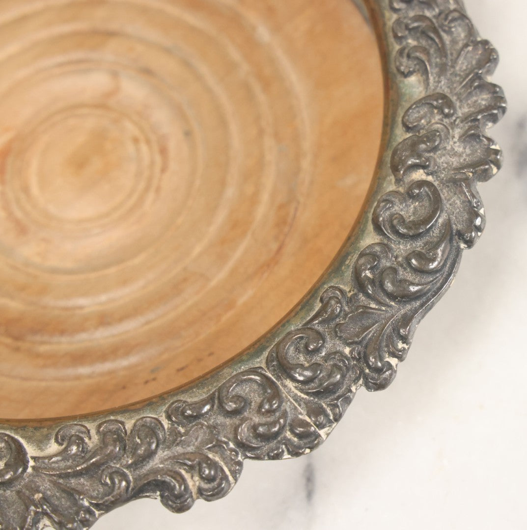 Lot 032 - Antique Silverplate Wine Coaster, Ornate Floral Rim, Wooden Turned Base, Tableware Display