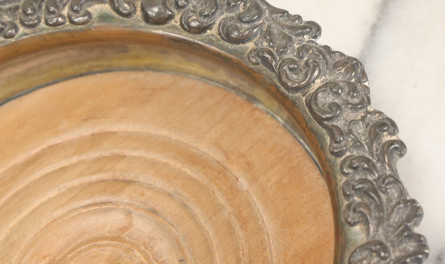 Lot 032 - Antique Silverplate Wine Coaster, Ornate Floral Rim, Wooden Turned Base, Tableware Display