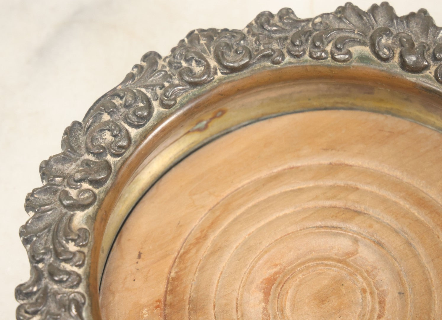 Lot 032 - Antique Silverplate Wine Coaster, Ornate Floral Rim, Wooden Turned Base, Tableware Display