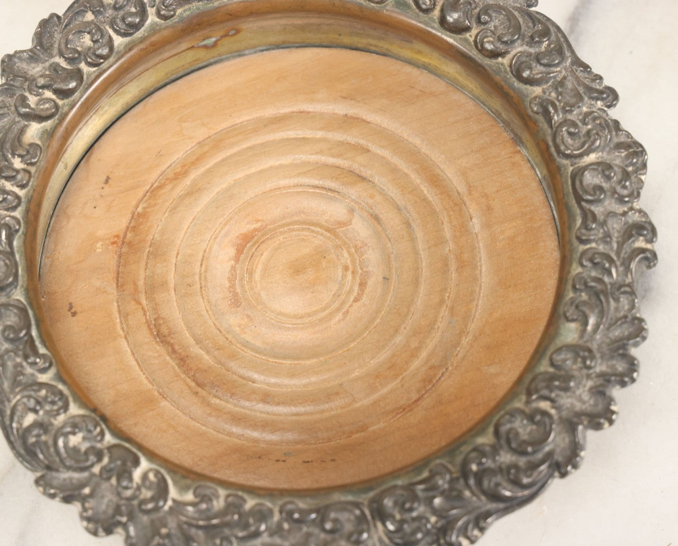 Lot 032 - Antique Silverplate Wine Coaster, Ornate Floral Rim, Wooden Turned Base, Tableware Display