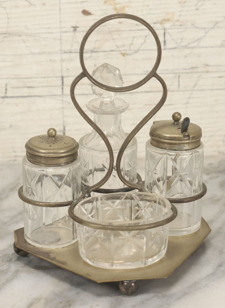 Lot 033 - Antique E.P.N.S. Silverplate Cruet Set, Etched Glass Bottles, Ornate Caddy, Victorian Tableware