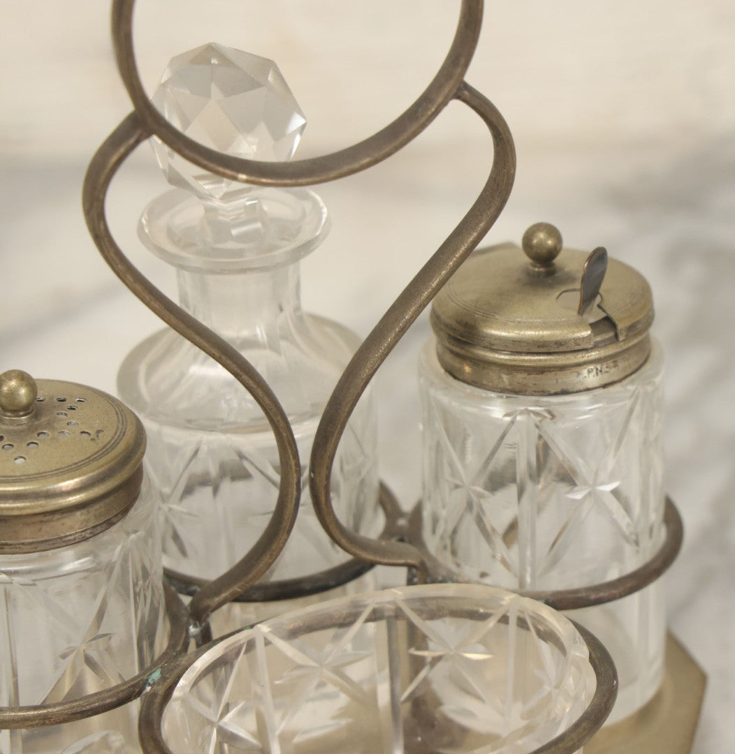 Lot 033 - Antique E.P.N.S. Silverplate Cruet Set, Etched Glass Bottles, Ornate Caddy, Victorian Tableware