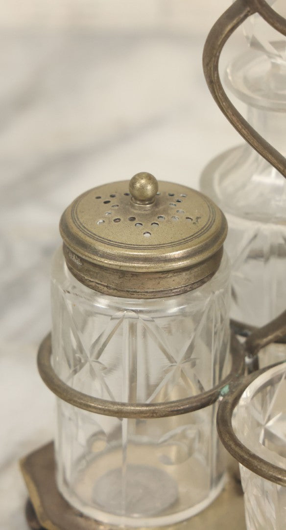 Lot 033 - Antique E.P.N.S. Silverplate Cruet Set, Etched Glass Bottles, Ornate Caddy, Victorian Tableware