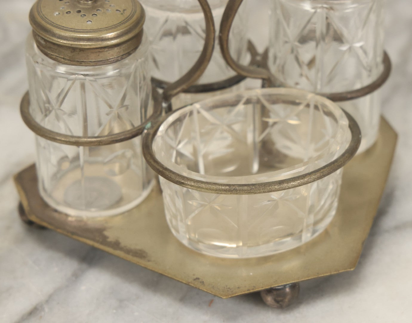 Lot 033 - Antique E.P.N.S. Silverplate Cruet Set, Etched Glass Bottles, Ornate Caddy, Victorian Tableware