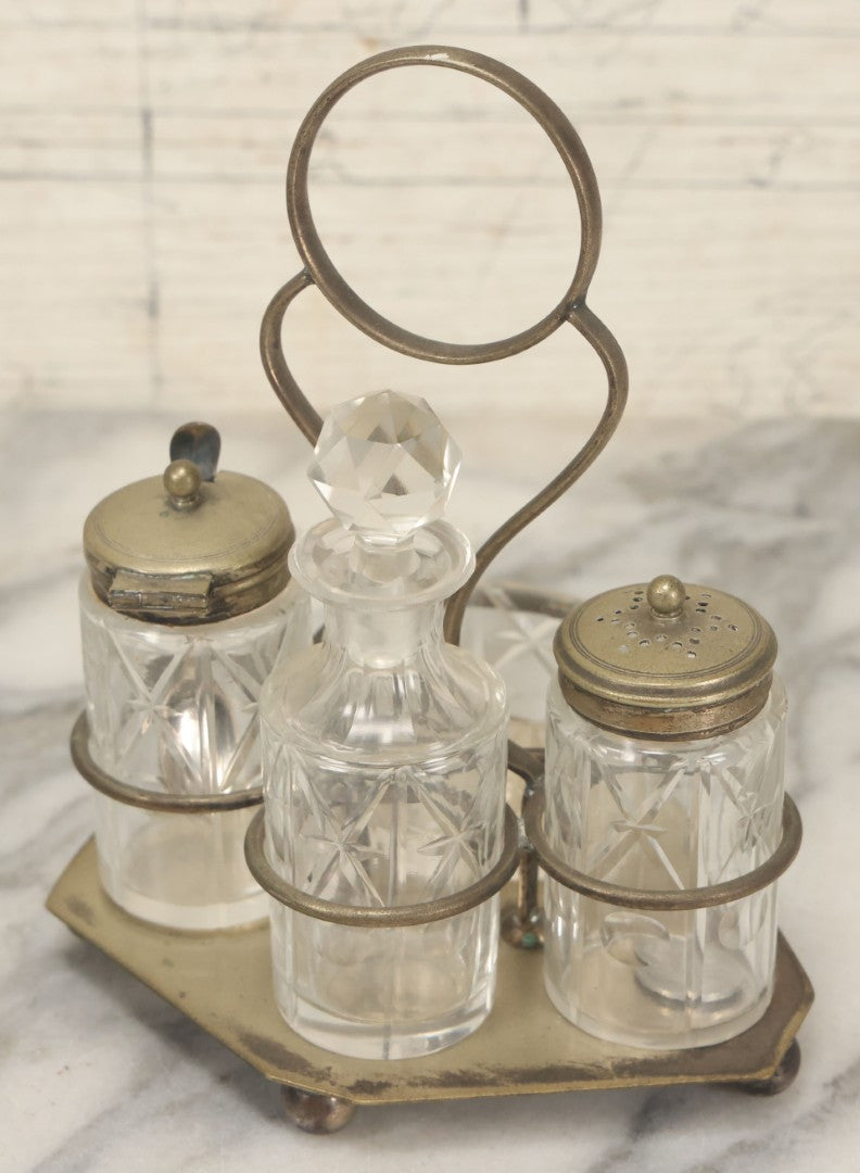 Lot 033 - Antique E.P.N.S. Silverplate Cruet Set, Etched Glass Bottles, Ornate Caddy, Victorian Tableware