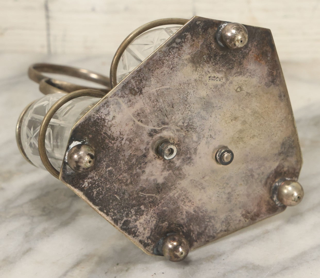 Lot 033 - Antique E.P.N.S. Silverplate Cruet Set, Etched Glass Bottles, Ornate Caddy, Victorian Tableware