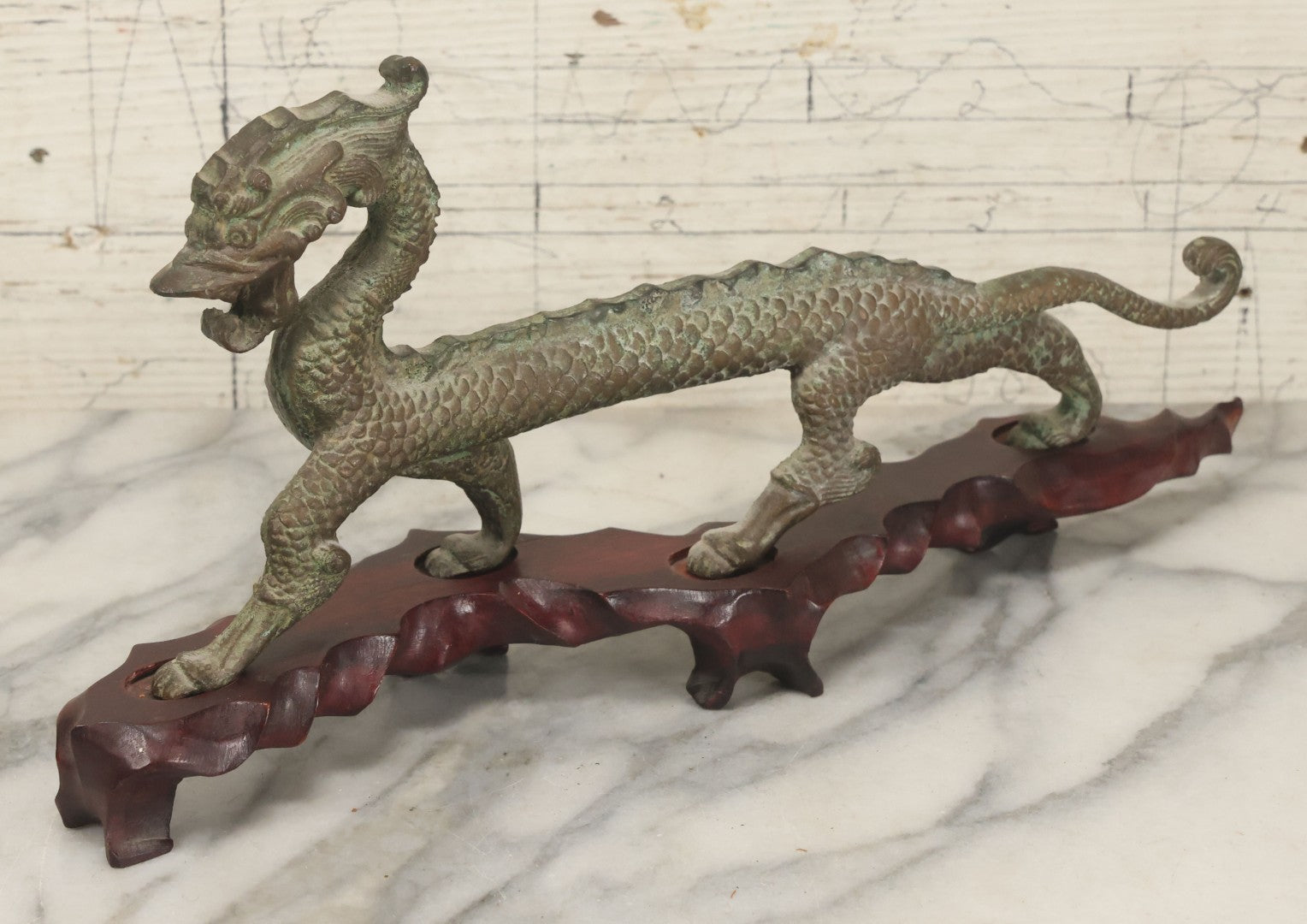 Lot 034 - Vintage Cast Iron Chinese Dragon Statue, Intricate Scaled Design, Mounted On Carved Wood Base