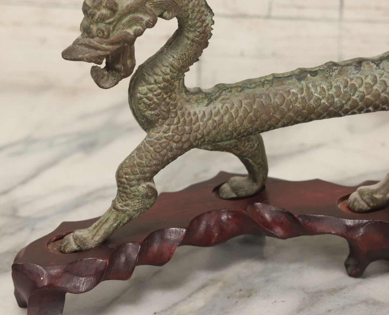Lot 034 - Vintage Cast Iron Chinese Dragon Statue, Intricate Scaled Design, Mounted On Carved Wood Base
