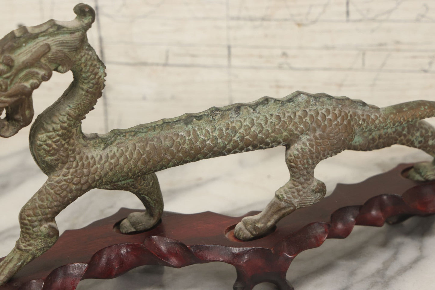 Lot 034 - Vintage Cast Iron Chinese Dragon Statue, Intricate Scaled Design, Mounted On Carved Wood Base