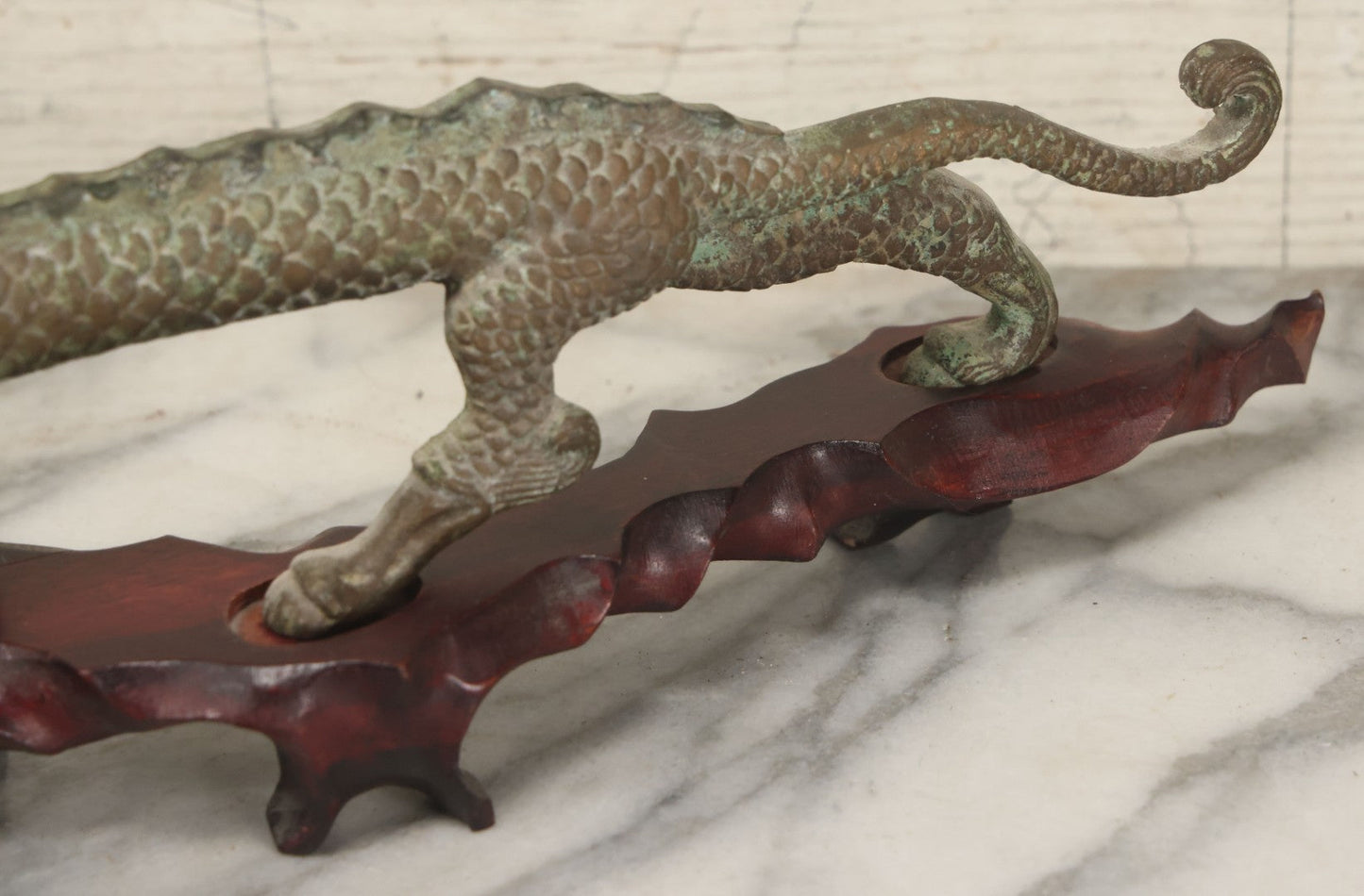 Lot 034 - Vintage Cast Iron Chinese Dragon Statue, Intricate Scaled Design, Mounted On Carved Wood Base