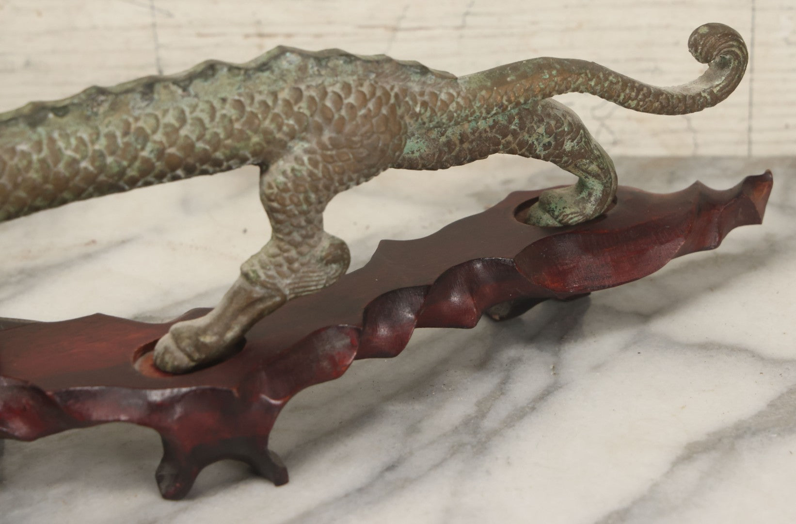 Lot 034 - Vintage Cast Iron Chinese Dragon Statue, Intricate Scaled Design, Mounted On Carved Wood Base
