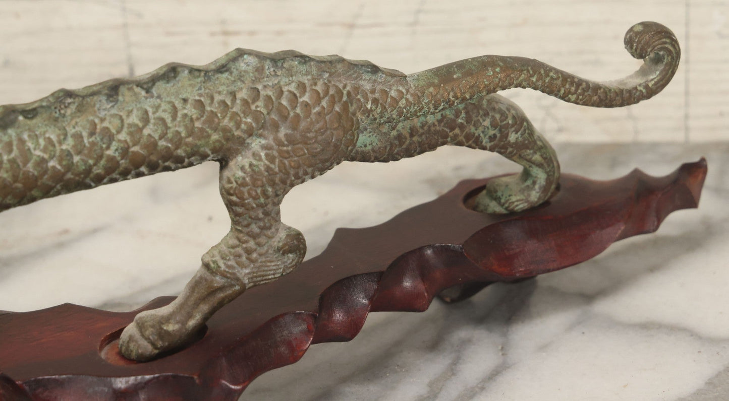 Lot 034 - Vintage Cast Iron Chinese Dragon Statue, Intricate Scaled Design, Mounted On Carved Wood Base