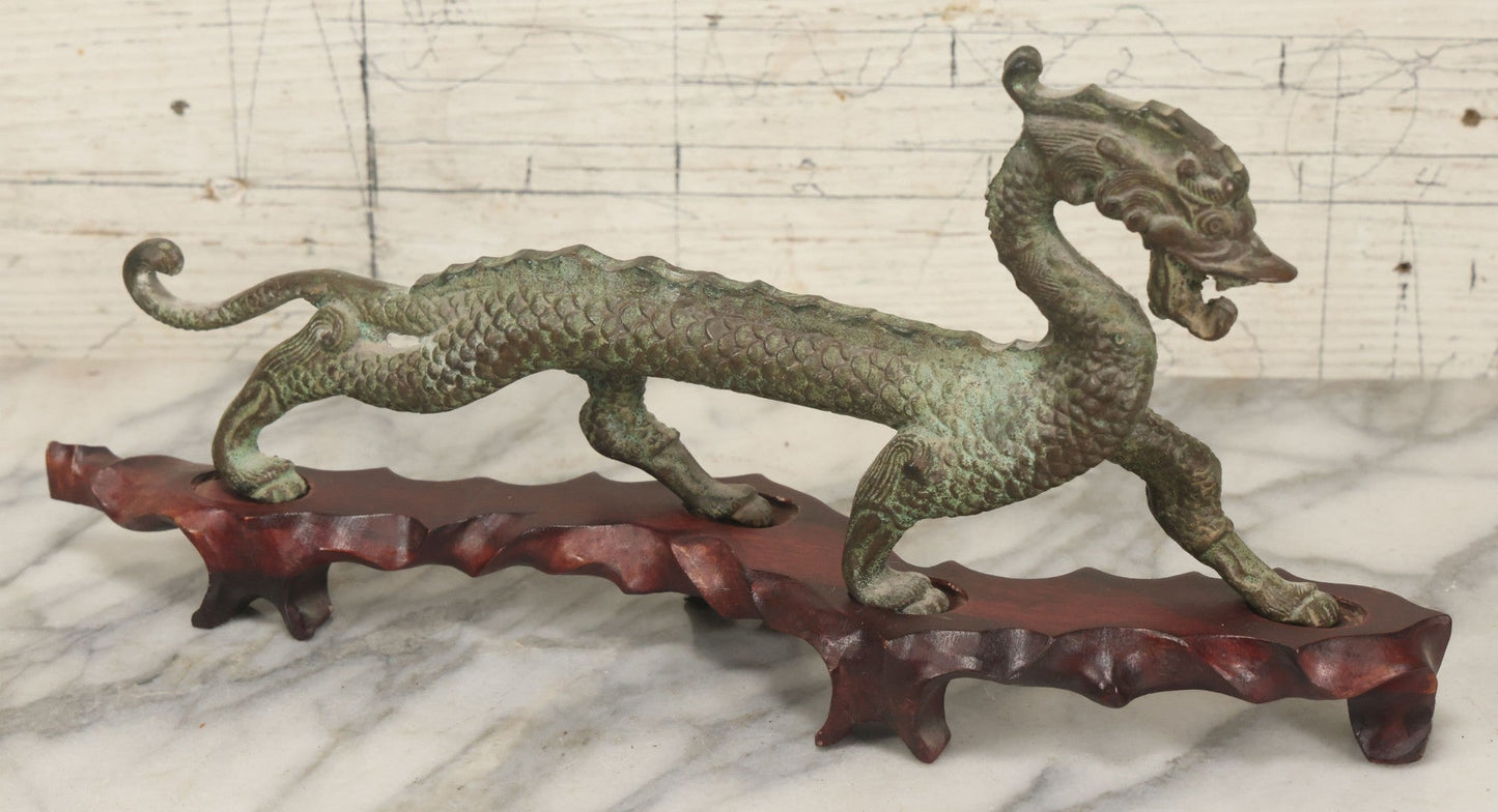 Lot 034 - Vintage Cast Iron Chinese Dragon Statue, Intricate Scaled Design, Mounted On Carved Wood Base