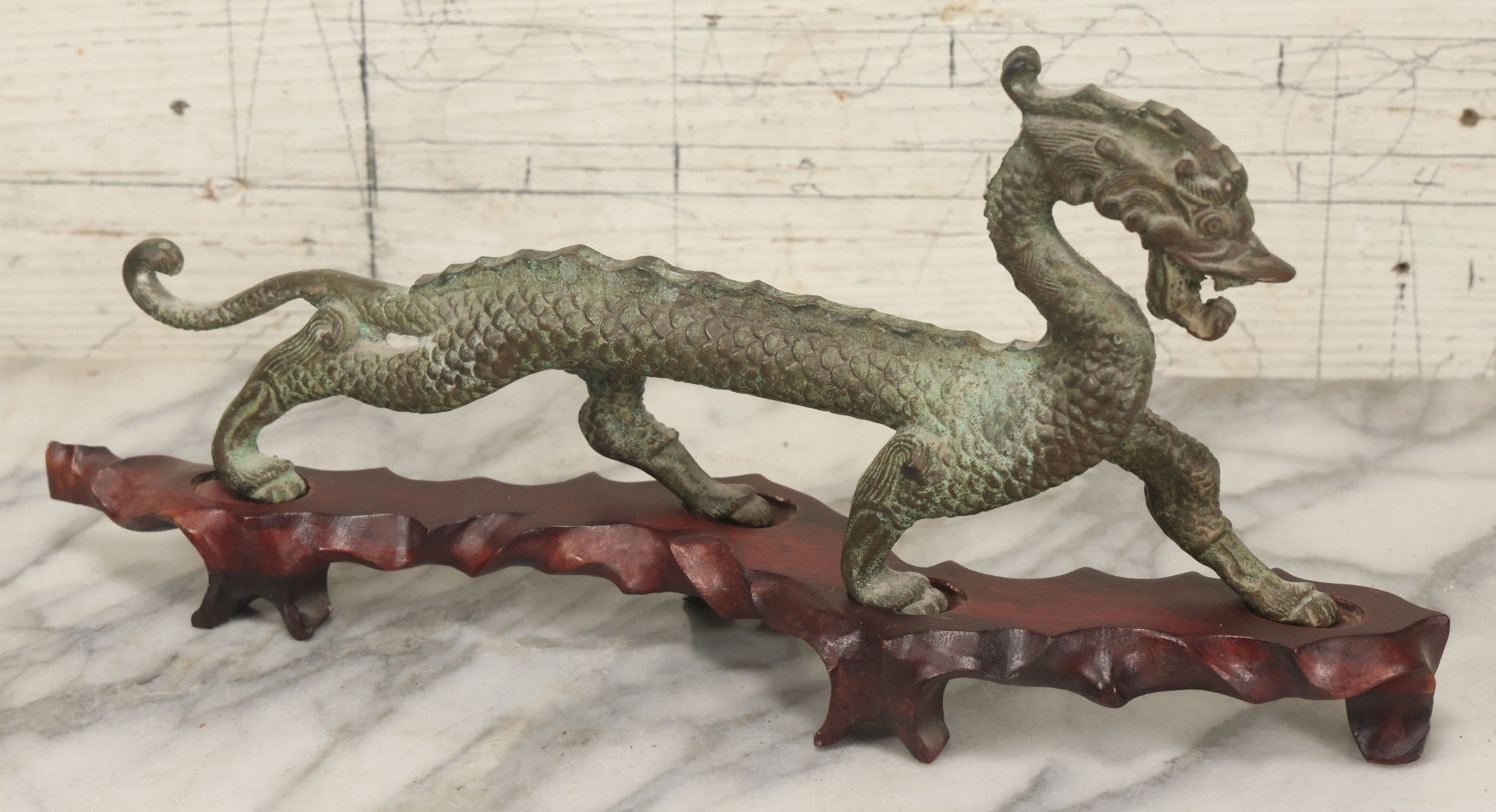 Lot 034 - Vintage Cast Iron Chinese Dragon Statue, Intricate Scaled Design, Mounted On Carved Wood Base