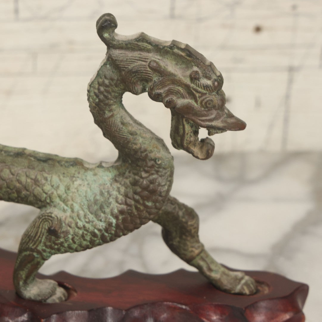 Lot 034 - Vintage Cast Iron Chinese Dragon Statue, Intricate Scaled Design, Mounted On Carved Wood Base