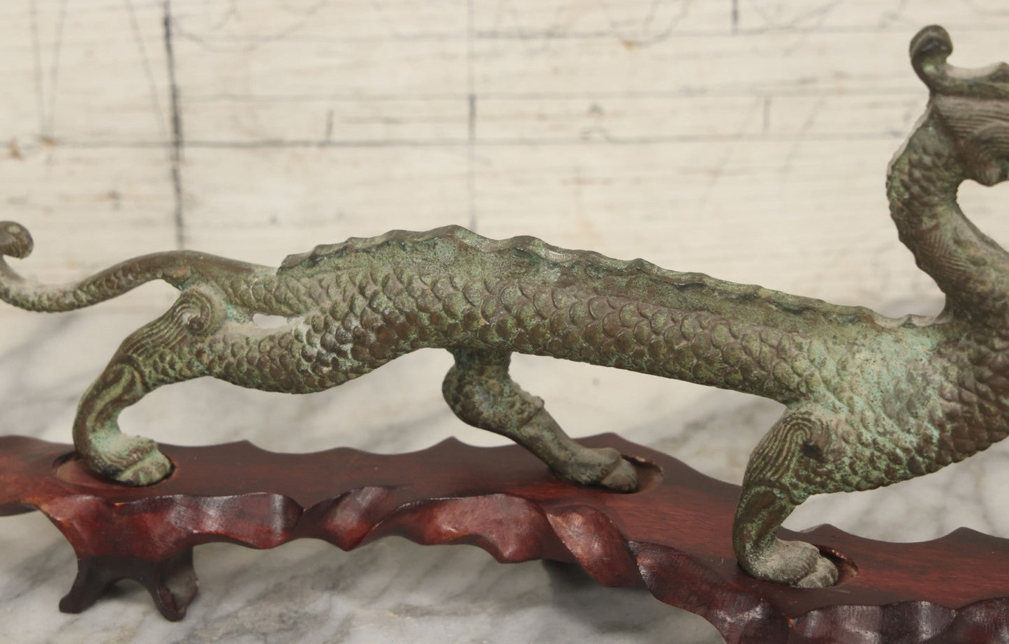 Lot 034 - Vintage Cast Iron Chinese Dragon Statue, Intricate Scaled Design, Mounted On Carved Wood Base