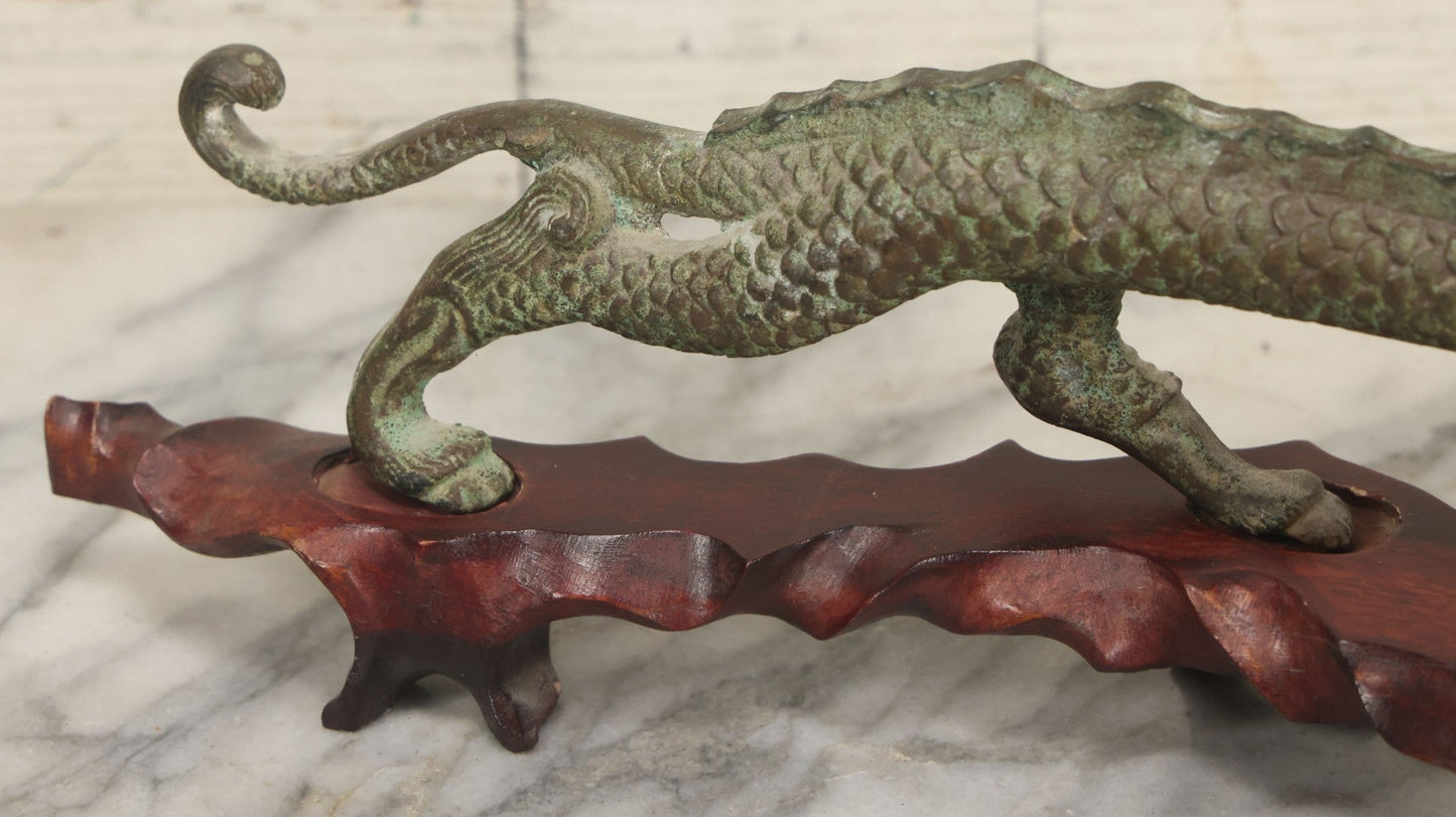 Lot 034 - Vintage Cast Iron Chinese Dragon Statue, Intricate Scaled Design, Mounted On Carved Wood Base