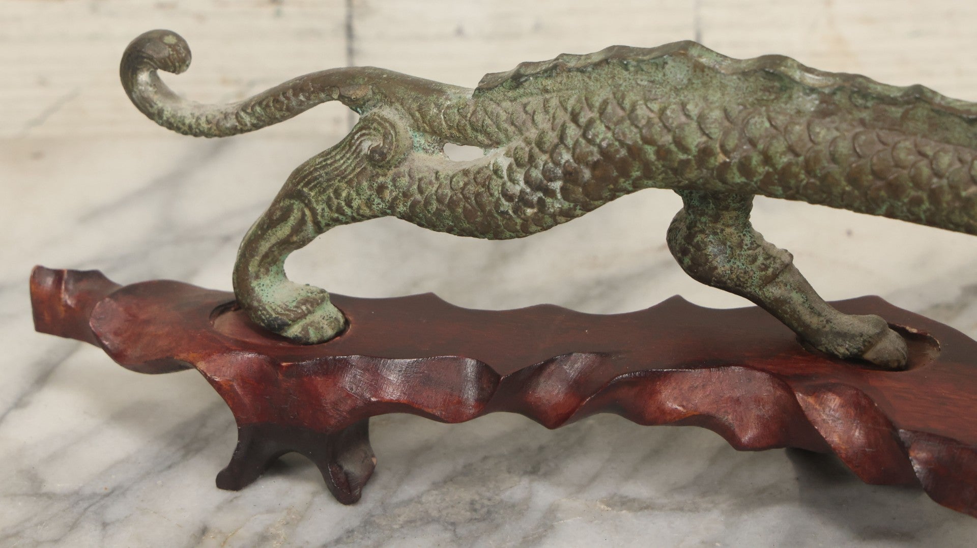 Lot 034 - Vintage Cast Iron Chinese Dragon Statue, Intricate Scaled Design, Mounted On Carved Wood Base