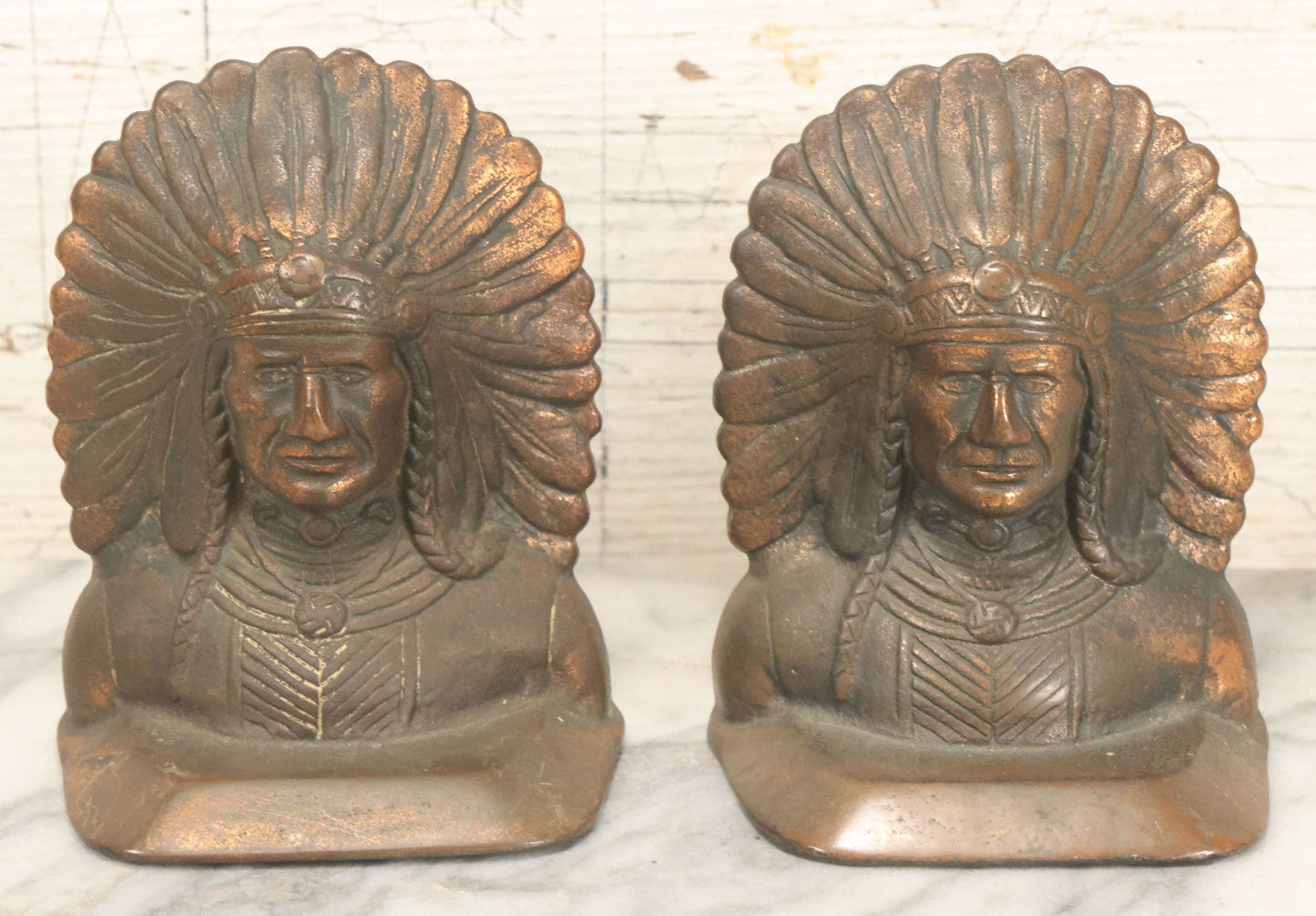 Lot 036 - Antique Cast Iron Native American Chief Bookends, Bronze Finish, Early 20th Century, Rustic Decor