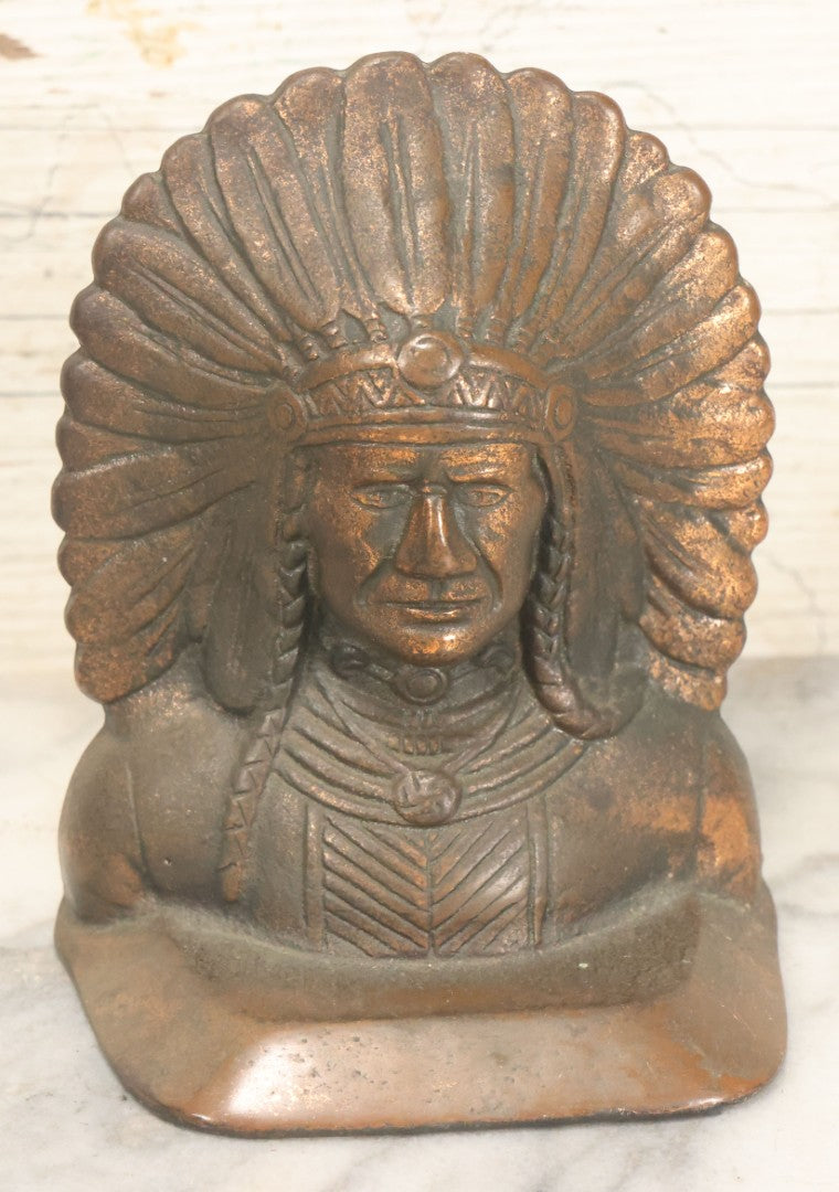 Lot 036 - Antique Cast Iron Native American Chief Bookends, Bronze Finish, Early 20th Century, Rustic Decor