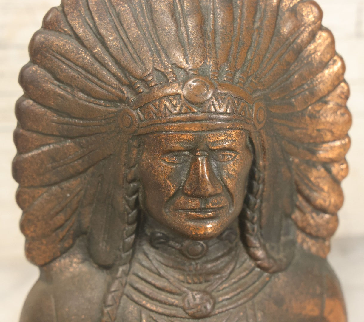 Lot 036 - Antique Cast Iron Native American Chief Bookends, Bronze Finish, Early 20th Century, Rustic Decor