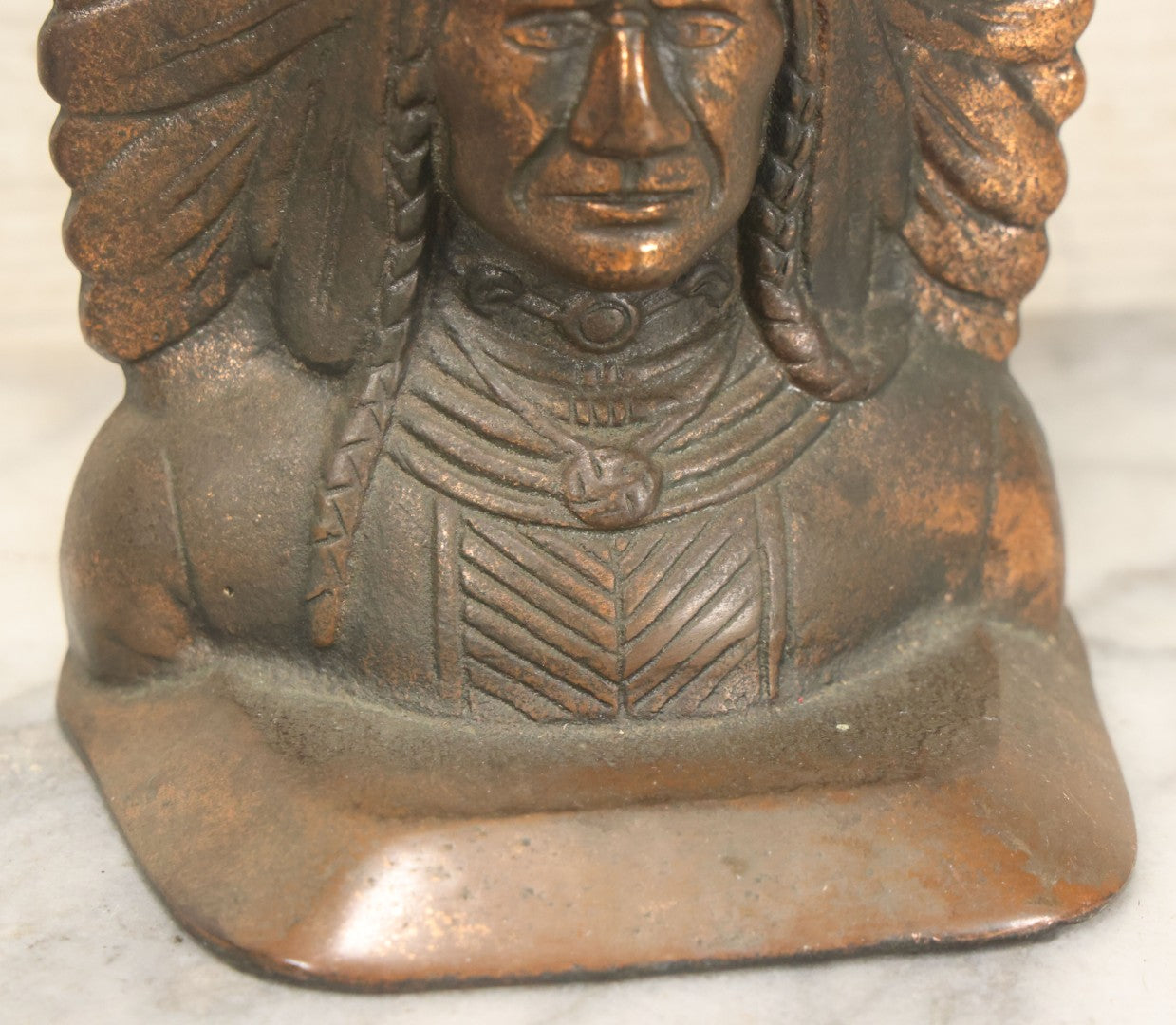 Lot 036 - Antique Cast Iron Native American Chief Bookends, Bronze Finish, Early 20th Century, Rustic Decor