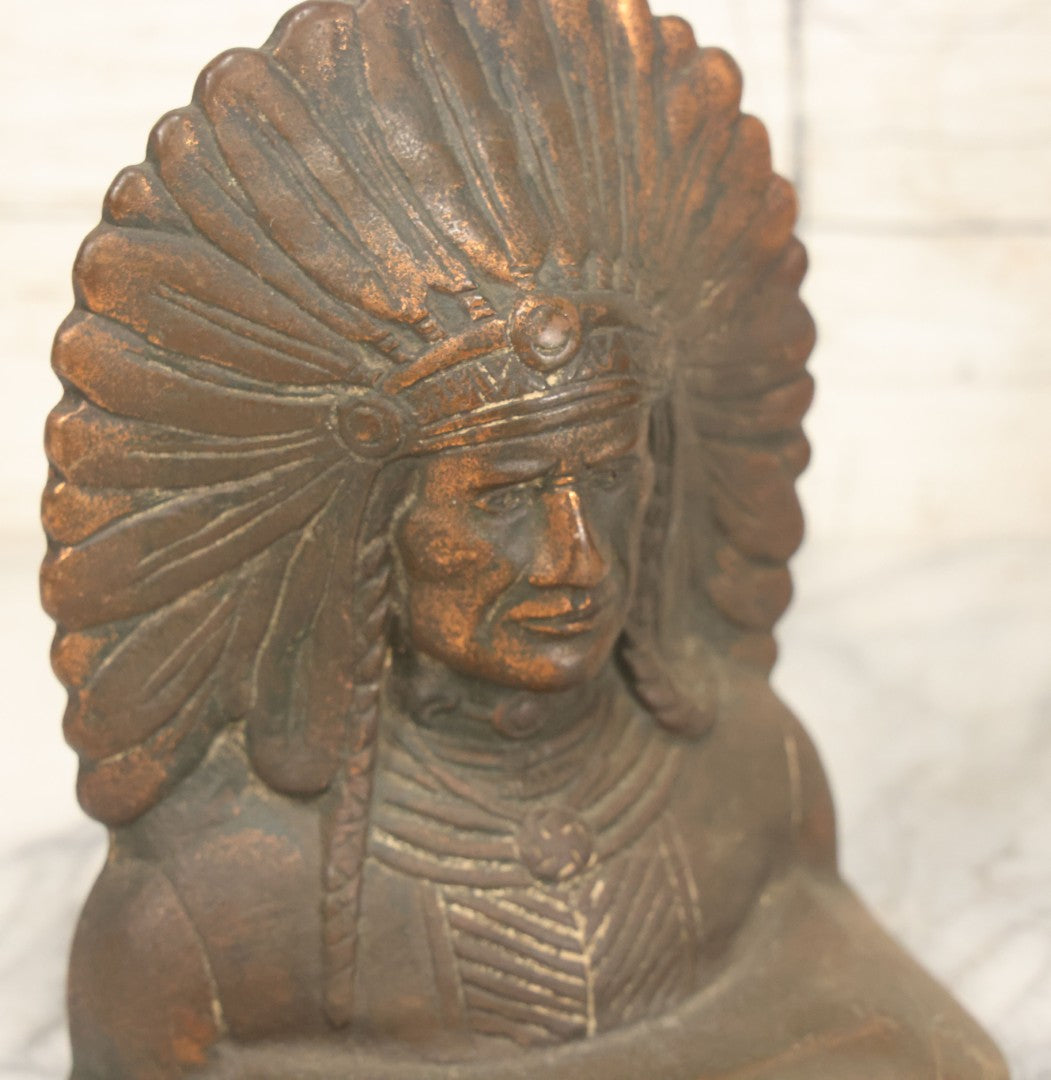 Lot 036 - Antique Cast Iron Native American Chief Bookends, Bronze Finish, Early 20th Century, Rustic Decor