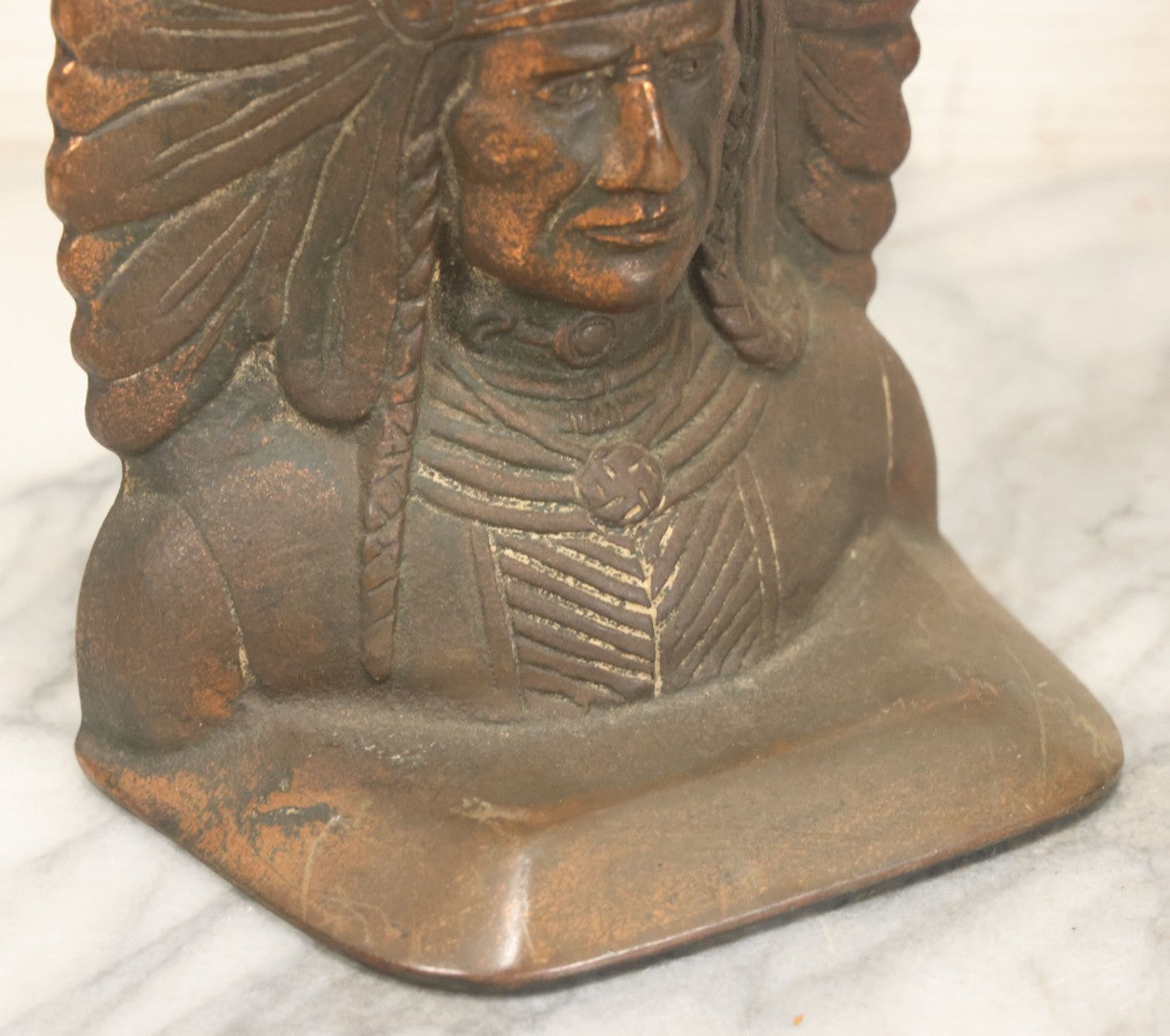 Lot 036 - Antique Cast Iron Native American Chief Bookends, Bronze Finish, Early 20th Century, Rustic Decor