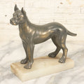 Lot 037 - Vintage Cast Metal Great Dane Dog Figurine, Mounted On Alabaster Base, Note Loss To Tail, Cracked Repaired Leg